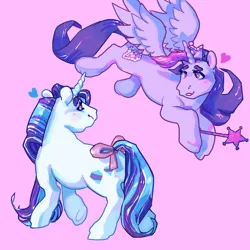 Size: 2048x2048 | Tagged: safe, artist:poniesart, derpibooru import, rarity, twilight sparkle, twilight sparkle (alicorn), alicorn, pony, unicorn, g1, alternate design, bow, crown, duo, g4, g4 to g1, generation leap, image, jewelry, long description, png, redesign, regalia, tail, tail bow, wand