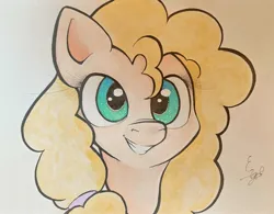 Size: 1857x1448 | Tagged: safe, artist:engi, derpibooru import, pear butter, earth pony, pony, cute, female, image, jpeg, looking at you, mixed media, simple background, smiling, solo, traditional art