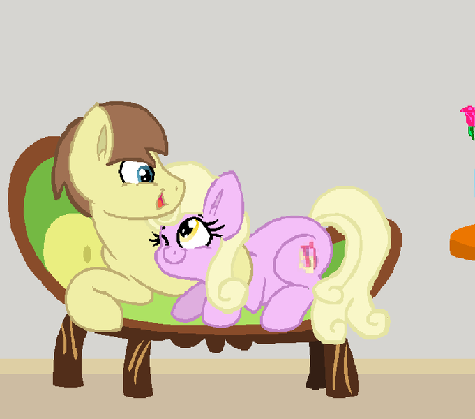 Size: 844x744 | Tagged: safe, artist:starryc94, derpibooru import, luckette, rivet, earth pony, pony, background, couch, duo, duo male and female, female, image, luckivet, male, mare, png, shipping, stallion, straight