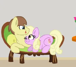 Size: 844x744 | Tagged: safe, artist:starryc94, derpibooru import, luckette, rivet, earth pony, pony, background, couch, duo, duo male and female, female, image, luckivet, male, mare, png, shipping, stallion, straight