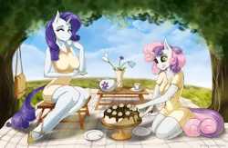 Size: 1533x1000 | Tagged: safe, artist:shamziwhite, derpibooru import, rarity, sweetie belle, anthro, unguligrade anthro, unicorn, cake, clothes, dress, duo, eyes closed, female, food, image, licking, licking lips, long hair, picnic, png, siblings, sisters, smiling, summer, tea, tongue out