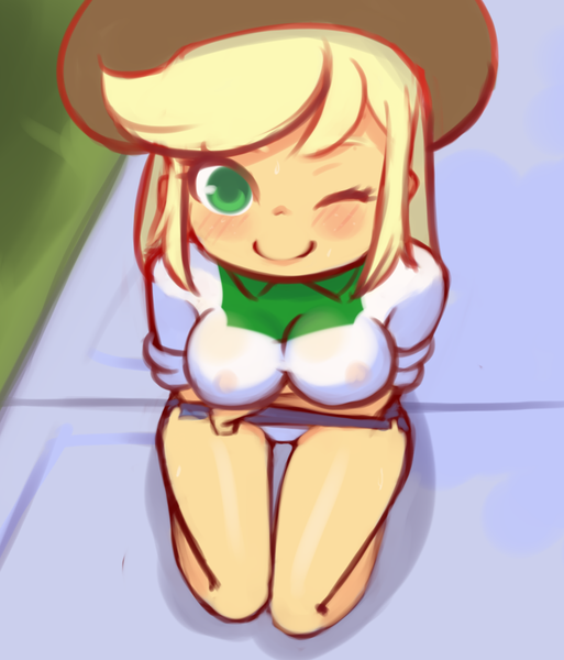 Size: 949x1111 | Tagged: questionable, artist:drantyno, derpibooru import, applejack, human, equestria girls, g5, my little pony: tell your tale, applejack's hat, areola, arm under breasts, big breasts, blushing, breasts, busty applejack, clothes, cowboy hat, erect nipples, hat, hot day huh?, image, kneeling, looking at you, miniskirt, nipple outline, one eye closed, panties, panty shot, png, see-through, see-through shirt, shirt, sidewalk, skirt, smiling, smiling at you, solo, summer, underwear, upskirt, wink, winking at you