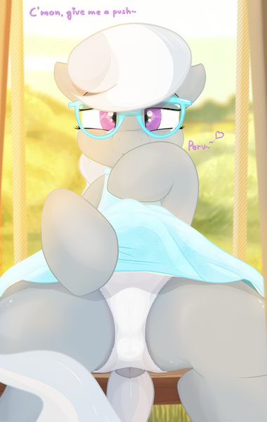 Size: 1368x2160 | Tagged: questionable, alternate version, artist:not_texmex, derpibooru import, silver spoon, earth pony, pony, anus cameltoe, blue dress, cameltoe, clothes, derpibooru exclusive, dock, dress, dress lift, female, filly, flashing, foal, foalcon, frilly underwear, glasses, image, innuendo, looking at you, nudity, outdoors, panties, png, presenting, sitting, skirt, smiling, solo, solo female, swing, swing set, tail, underage, underwear, upskirt, vulva, white panties