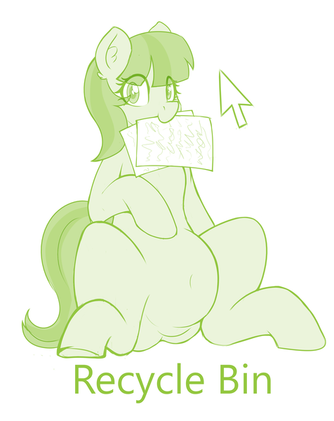 Size: 2808x3536 | Tagged: safe, artist:czu, derpibooru import, oc, oc:lemon drop, unofficial characters only, earth pony, belly, belly button, chubby, commissioner:lemondrop, female, image, looking at you, mouse cursor, paper, png, recycle bin, simple background, solo, solo female, white background