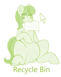 Size: 2808x3536 | Tagged: safe, artist:czu, derpibooru import, oc, oc:lemon drop, unofficial characters only, earth pony, belly, belly button, chubby, commissioner:lemondrop, female, image, looking at you, mouse cursor, paper, png, recycle bin, simple background, solo, solo female, white background