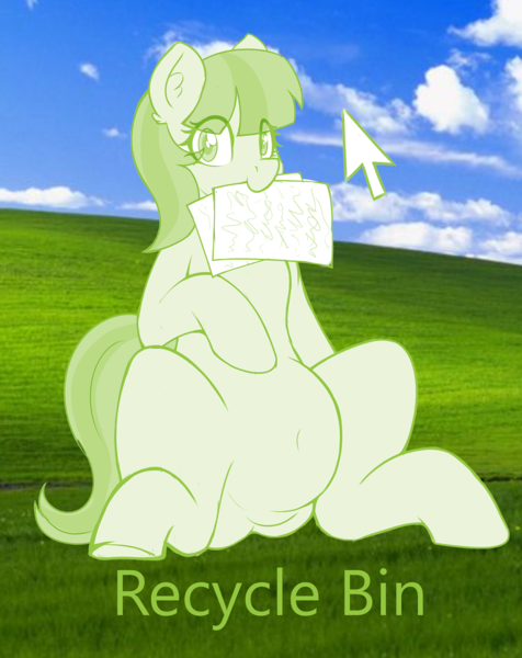 Size: 2808x3536 | Tagged: safe, alternate version, artist:czu, derpibooru import, oc, oc:lemon drop, unofficial characters only, earth pony, belly, belly button, bliss xp, chubby, commissioner:lemondrop, female, image, looking at you, microsoft, microsoft windows, mouse cursor, paper, png, recycle bin, solo, solo female, windows, windows xp