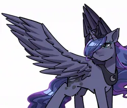 Size: 1104x936 | Tagged: safe, artist:mugitya012, derpibooru import, princess luna, alicorn, pony, crown, female, hair over one eye, image, jewelry, jpeg, mare, regalia, simple background, solo, spread wings, white background, wings