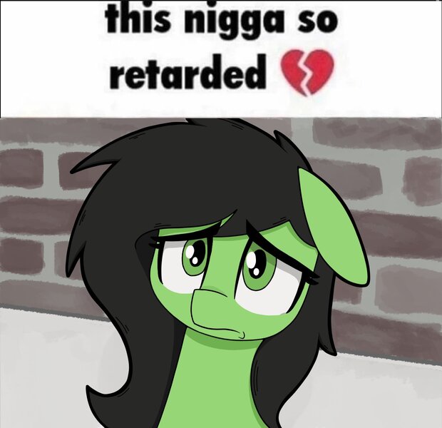 Size: 1283x1242 | Tagged: safe, artist:pizzahutjapan, derpibooru import, oc, oc:anonfilly, earth pony, pony, female, filly, frown, image, jpeg, looking at you, meme, nigga, slur, solo, text, vulgar