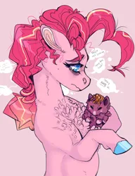 Size: 828x1080 | Tagged: safe, artist:dingobreath, pinkie pie, oc, oc:triple turbo grande sundae, earth pony, pegasus, pony, alternate design, baby, baby pony, chest fluff, colored hooves, female, image, jpeg, magical lesbian spawn, male, mare, mother and child, mother and son, newborn, offspring, parent:pinkie pie, parent:rainbow dash, parents:pinkiedash, pink background, sad, simple background, story included, teary eyes, thought bubble