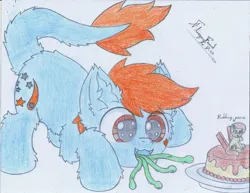 Size: 2205x1700 | Tagged: safe, artist:fliegerfausttop47, derpibooru import, oc, oc:fizark catto, ponified, unofficial characters only, food pony, monster pony, original species, pony, tatzlpony, arm fluff, behind you, blue coat, brown eyes, butt fluff, cheek fluff, cursive writing, cute, drool, ear fluff, elbow fluff, eyes on the prize, flan, fluffy, food, happy, hoof fluff, image, impending doom, innocent, jpeg, leg fluff, looking at someone, looking at something, naive, oblivious, ocbetes, oh no, open mouth, orange mane, orange tail, pencil drawing, plate, pudding, shoulder fluff, signature, simple background, smiling, tail, tail fluff, tentacle tongue, tentacles, traditional art, white background