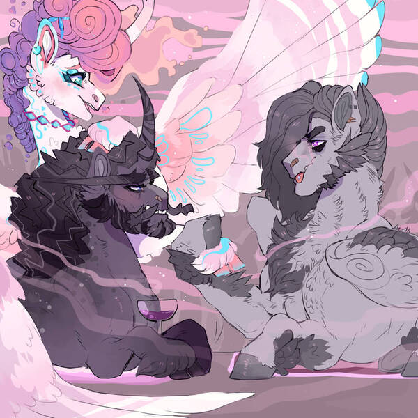 Size: 894x894 | Tagged: safe, artist:dingobreath, princess flurry heart, oc, oc:poetic justice, oc:risky gambit, alicorn, pegasus, pony, unicorn, alternate design, apron, beard, chest fluff, clothes, coat markings, colored hooves, curved horn, dialogue in the description, drinking, ear piercing, earring, facial hair, female, folded wings, horn, image, jewelry, jpeg, leg fluff, magical lesbian spawn, male, mare, necklace, next generation, offspring, older, older flurry heart, parent:derpy hooves, parent:rainbow dash, parent:tempest shadow, parent:twilight sparkle, parents:derpydash, parents:tempestlight, piercing, spread wings, stallion, story included, tongue out, tongue piercing, trio, wings