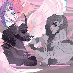 Size: 894x894 | Tagged: safe, artist:dingobreath, princess flurry heart, oc, oc:poetic justice, oc:risky gambit, alicorn, pegasus, pony, unicorn, alternate design, apron, beard, chest fluff, clothes, coat markings, colored hooves, curved horn, dialogue in the description, drinking, ear piercing, earring, facial hair, female, folded wings, horn, image, jewelry, jpeg, leg fluff, magical lesbian spawn, male, mare, necklace, next generation, offspring, older, older flurry heart, parent:derpy hooves, parent:rainbow dash, parent:tempest shadow, parent:twilight sparkle, parents:derpydash, parents:tempestlight, piercing, spread wings, stallion, story included, tongue out, tongue piercing, trio, wings