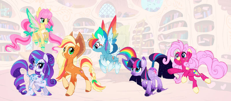 Size: 1280x558 | Tagged: safe, artist:sakuyamon, derpibooru import, applejack, fluttershy, pinkie pie, rainbow dash, rarity, twilight sparkle, earth pony, pegasus, unicorn, alternate cutie mark, alternate design, applejack's hat, blaze (coat marking), bow, braid, braided tail, coat markings, colored hooves, colored horn, colored wings, cowboy hat, deviantart watermark, facial markings, feathered fetlocks, freckles, golden oaks library, hat, hoof fluff, horn, image, jpeg, leonine tail, library, mane six, multicolored hair, multicolored wings, obtrusive watermark, pink hair, purple hair, rainbow hair, rainbow wings, redesign, signature, socks (coat marking), tail, watermark, wings, yellow hair