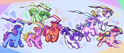 Size: 2048x888 | Tagged: safe, artist:poniesart, derpibooru import, bangles (g1), brightglow, cool breeze, crunch berry, glory, salty (g1), surprise, earth pony, flutter pony, pegasus, pony, unicorn, g1, aromantic, aromantic pride flag, asexual, asexual pride flag, bisexual, bisexual pride flag, bisexuality, bow, female, heart, holding a flag, image, lesbian, lesbian pride flag, missing horn, nonbinary, nonbinary pride flag, pansexual, pansexual pride flag, png, pride, pride flag, rainbow curl stripes, rainbow flag, tail, tail bow, transgender, transgender pride flag