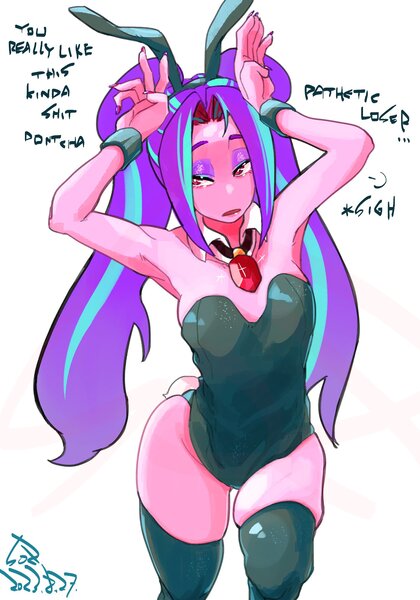 Size: 1400x2000 | Tagged: suggestive, artist:sozglitch, derpibooru import, aria blaze, human, equestria girls, arm behind head, armpits, breasts, bunny ears, bunny suit, clothes, dialogue, english, eyeshadow, female, gem, image, japanese, jpeg, lidded eyes, makeup, moon runes, playboy bunny, playboy bunny aria blaze, simple background, siren gem, socks, solo, solo female, stockings, thigh highs, unamused, white background