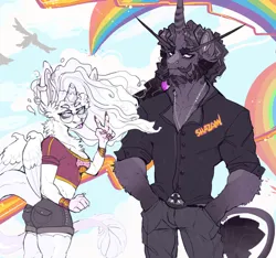 Size: 925x864 | Tagged: safe, artist:dingobreath, oc, oc:hijack, oc:poetic justice, unofficial characters only, anthro, draconequus, hybrid, unicorn, beard, bracelet, clothes, draconequus oc, duo, duo male and female, ear piercing, eyebrows, facial hair, female, glasses, height difference, image, interspecies offspring, jewelry, jpeg, leonine tail, magical lesbian spawn, male, next generation, offspring, pants, parent:discord, parent:princess luna, parent:tempest shadow, parent:twilight sparkle, parents:lunacord, parents:tempestlight, peace sign, piercing, posing for photo, rainbow, shirt, shorts, sky background, tanktop, tongue out, wings