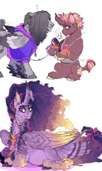 Size: 827x1380 | Tagged: safe, artist:dingobreath, twilight sparkle, twilight sparkle (alicorn), oc, oc:lance virtue, oc:risky gambit, alicorn, pegasus, pony, unicorn, alternate design, apron, clothes, coat markings, colored hooves, colored wings, curved horn, ear piercing, earring, ethereal mane, eyeshadow, fangs, feathered fetlocks, female, folded wings, freckles, gradient wings, headphones, hoodie, horn, image, jewelry, jpeg, leonine tail, looking to side, lying down, magical lesbian spawn, makeup, male, mare, multicolored wings, music, necklace, next generation, offspring, parent:derpy hooves, parent:rainbow dash, parent:tempest shadow, parent:twilight sparkle, parents:derpydash, parents:tempestlight, piercing, pregnant, regalia, simple background, sitting, smiling, stallion, standing, tail feathers, twitterina design, unshorn fetlocks, white background, wings