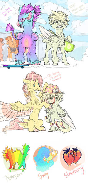 Size: 827x1738 | Tagged: safe, artist:dingobreath, fluttershy, oc, oc:gobstopper, oc:honeydew raindrop, gryphon, hybrid, pegasus, pony, alternate design, bow, colored wings, colt, cutie mark, female, hair bow, helmet, image, interspecies offspring, jpeg, knee pads, looking at you, magical lesbian spawn, male, mare, mother and child, mother and son, offspring, parent:applejack, parent:fluttershy, parent:gallus, parent:scootaloo, parents:appleshy, parents:galloo, simple background, skateboard, speech, spread wings, tail feathers, talking, teeth, white background, wing hold, wings