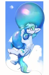 Size: 2315x3500 | Tagged: safe, artist:mithriss, derpibooru import, oc, oc:siriusnavigator, unofficial characters only, pegasus, pony, balloon, cloud, commission, digital art, eyes closed, folded wings, highlights, hug, image, male, png, sky, smiling, solo, stallion, wings