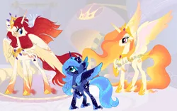 Size: 900x560 | Tagged: safe, artist:sakuyamon, derpibooru import, princess celestia, princess luna, oc, oc:fausticorn, alicorn, pony, alternate cutie mark, alternate design, blaze (coat marking), blue eyes, blue hair, coat markings, colored wings, crown, ethereal mane, facial markings, female, gradient mane, gradient wings, image, jewelry, jpeg, orange hair, pink eyes, red hair, redesign, regalia, signature, socks (coat marking), sparkly fetlocks, sparkly mane, trio, trio female, unshorn fetlocks, wings, young luna