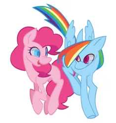 Size: 1417x1508 | Tagged: safe, artist:partyponypower, derpibooru import, pinkie pie, rainbow dash, earth pony, pegasus, pony, blue eyes, duo, duo female, female, image, jpeg, jumping, looking at each other, looking at someone, magenta eyes, missing cutie mark, multicolored hair, pink hair, rainbow hair