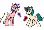 Size: 679x462 | Tagged: safe, artist:partyponypower, derpibooru import, gusty, twilight (g1), pony, unicorn, g1, dot eyes, duo, friday night funkin', green hair, image, jpeg, looking at each other, looking at someone, magic, microphone, simple background, telekinesis, white background, white hair