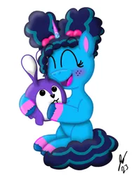 Size: 1620x2160 | Tagged: safe, artist:jesslmc16, derpibooru import, pony, rabbit, unicorn, g5, my little pony: make your mark, spoiler:g5, spoiler:my little pony: make your mark, spoiler:my little pony: make your mark chapter 5, animal, blank flank, digital art, female, filly, foal, hug, image, misty brightdawn, my little pony: make your mark chapter 5, pigtails, plushie, png, procreate app, signature, simple background, sitting, smiling, white background, younger