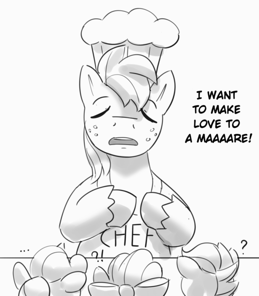 Size: 2696x3079 | Tagged: suggestive, artist:pabbley, derpibooru import, apple bloom, big macintosh, scootaloo, sweetie belle, earth pony, pegasus, pony, unicorn, ..., apron, chef's hat, clothes, cutie mark crusaders, dialogue, exclamation point, eyes closed, female, filly, foal, grayscale, hat, image, interrobang, male, monochrome, offscreen character, open mouth, png, question mark, simple background, solo focus, south park, stallion, white background