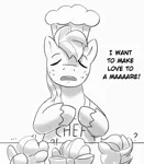 Size: 2696x3079 | Tagged: suggestive, artist:pabbley, derpibooru import, apple bloom, big macintosh, scootaloo, sweetie belle, earth pony, pegasus, pony, unicorn, ..., apron, chef's hat, clothes, cutie mark crusaders, dialogue, exclamation point, eyes closed, female, filly, foal, grayscale, hat, image, interrobang, male, monochrome, offscreen character, open mouth, png, question mark, simple background, solo focus, south park, stallion, white background