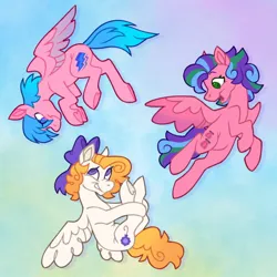 Size: 680x680 | Tagged: safe, artist:partyponypower, derpibooru import, firefly, surprise, whizzer, pegasus, pony, twinkle eyed pony, g1, alternate cutie mark, blue hair, bow, colored wings, flying, gradient wings, hoof heart, image, jpeg, looking at each other, looking at someone, multicolored hair, purple eyes, sky background, underhoof, wings, yellow hair