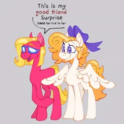 Size: 680x676 | Tagged: safe, artist:partyponypower, derpibooru import, shady, surprise, earth pony, pegasus, pony, g1, bow, curly hair, dialogue, duo, image, jpeg, purple eyes, simple background, smiling, sunglasses, yellow hair