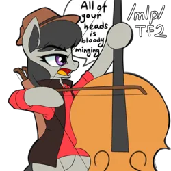 Size: 2000x2000 | Tagged: safe, artist:rusfag, derpibooru import, octavia melody, earth pony, pony, /mlp/ tf2 general, arrow, bipedal, bow, cello, dialogue, dialogue box, female, image, mare, musical instrument, png, simple background, sniper, solo, team fortress 2, text, transparent background