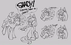 Size: 680x433 | Tagged: safe, artist:partyponypower, derpibooru import, shady, surprise, earth pony, pegasus, pony, g1, bow, curly hair, dialogue, duo, image, jpeg, lineart, looking at each other, looking at someone, sitting, smiling, straight hair, sunglasses