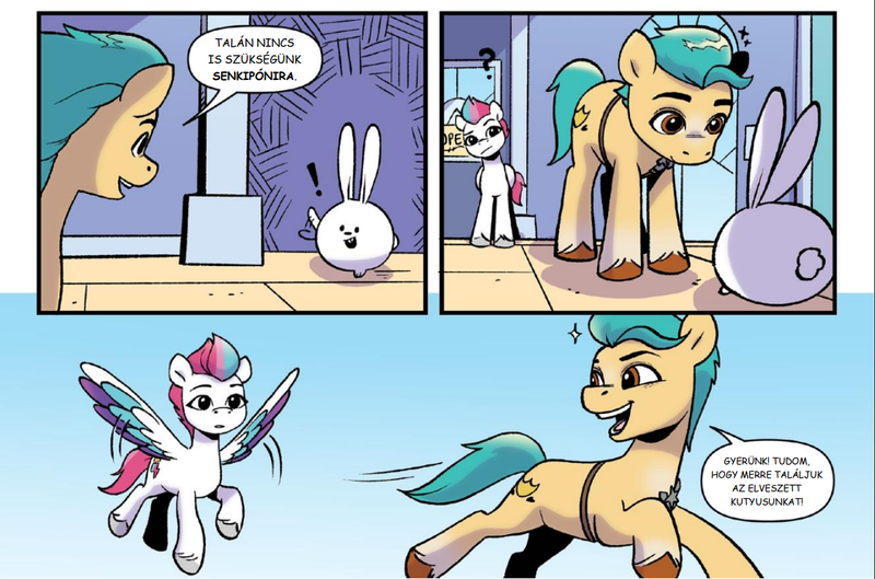 Size: 1162x768 | Tagged: safe, derpibooru import, idw, official, hitch trailblazer, zipp storm, earth pony, pegasus, pony, rabbit, g5, spoiler:comic, spoiler:g5comic, animal, comic, hungarian, image, language: hungarian, png, speech bubble, translation, translator:zsiguel