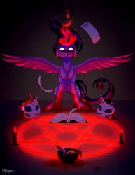 Size: 2049x2656 | Tagged: semi-grimdark, artist:ohhoneybee, derpibooru import, twilight sparkle, twilight sparkle (alicorn), alicorn, pony, black magic, blood, candle, celestia's crown, crying, dark, dark magic, glow, glowing eyes, high res, image, luna's crown, magic, pentagram, png, skull, solo, spread wings, tears of blood, wings