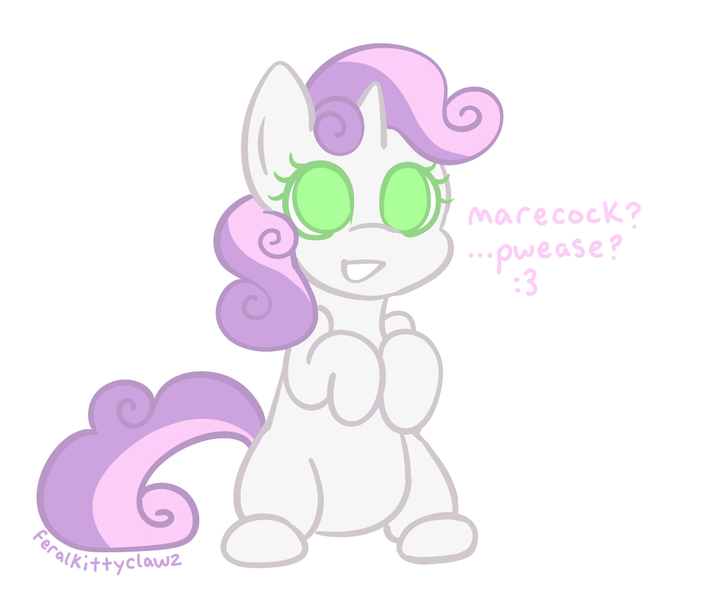 Size: 1139x969 | Tagged: suggestive, artist:feralkittyclawz, derpibooru import, sweetie belle, pony, unicorn, :3, begging, begging for it, dialogue, female, filly, foal, g4, horn, image, imminent foalcon, looking at you, open mouth, open smile, png, signature, simple background, sitting, smiling, solo, tail, white background