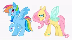 Size: 680x382 | Tagged: safe, artist:partyponypower, derpibooru import, fluttershy, rainbow dash, pegasus, pony, alternate design, blue eyes, colored wings, flutterfly, hoof heart, image, jpeg, magenta eyes, missing cutie mark, multicolored hair, pink hair, rainbow hair, redesign, simple background, underhoof, white background, wings