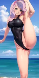 Size: 768x1536 | Tagged: suggestive, derpibooru import, editor:sammykun, machine learning generated, sweetie belle, human, ai content, armpits, beach, black swimsuit, breasts, busty sweetie belle, clothes, cloud, coast, holding leg, humanized, image, ocean, older, older sweetie belle, one-piece swimsuit, outdoors, png, prompter:sammykun, raised leg, reasonably sized breasts, sand, sky, splits, standing, standing splits, stretching, swimsuit, tight clothing, water