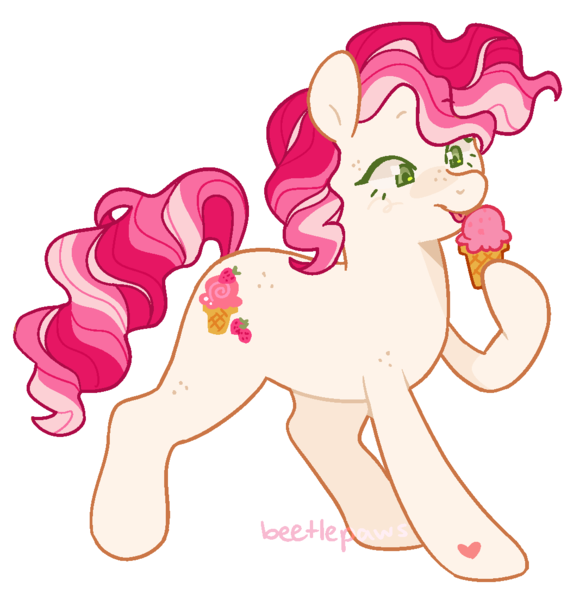 Size: 1078x1104 | Tagged: safe, artist:beetlepaws, derpibooru import, strawberry surprise, earth pony, pony, g1, g3, cream, cutie mark, female, food, freckles, green eyes, holding, hoof heart, ice cream, ice cream cone, image, mare, pink hair, png, raised hoof, simple background, transparent background, underhoof, wavy hair