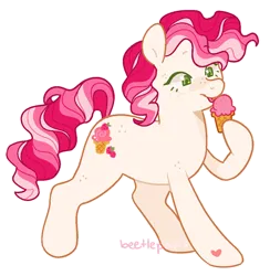Size: 1078x1104 | Tagged: safe, artist:beetlepaws, derpibooru import, strawberry surprise, earth pony, pony, g1, g3, cream, cutie mark, female, food, freckles, green eyes, holding, hoof heart, ice cream, ice cream cone, image, mare, pink hair, png, raised hoof, simple background, transparent background, underhoof, wavy hair