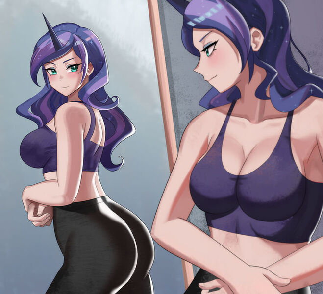 Size: 800x728 | Tagged: suggestive, artist:tzc, derpibooru import, princess luna, human, alternate hairstyle, ass, blushing, breasts, butt, clothes, female, horn, horned humanization, humanized, image, jpeg, mirror, moonbutt, pants, reflection, solo, solo female, sports bra, sweatpants