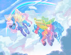Size: 1200x928 | Tagged: safe, artist:futuredustfuturerust, ponerpics import, ponybooru import, glow (g1), pony, g1, cloud, cute, duo, female, flying, image, mare, png, rainbow, sky dancer, summer wing ponies