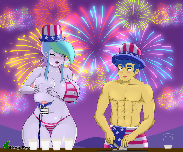 Size: 3000x2500 | Tagged: questionable, alternate version, artist:chuyryu, derpibooru import, flash sentry, princess celestia, human, equestria girls, 4th of july, abs, awkward, awkward moment, belly button, big breasts, bikini, blushing, breast milk, breasts, busty princess celestia, celebration, clothes, commission, cup, erect nipples, eyes closed, female, fireworks, flag desecration, flex sentry, hat, holiday, huge breasts, image, implications, jpeg, lactation, male, male nipples, milk, muscles, muscular male, night, nipples, nudity, open mouth, partial nudity, principal celestia, sexy, shocked, shocked expression, shorts, smiling, stupid sexy celestia, swimsuit