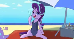 Size: 4096x2160 | Tagged: safe, artist:suryfromheaven, derpibooru import, starlight glimmer, alcohol, beach, beer, clothes, embarrassed, food, hat, ice cream, image, jpeg, looking up, one-piece swimsuit, open mouth, parasol (umbrella), sand, shadow, swimsuit, teasing, tongue out, trixie's hat, umbrella, wet, wetsuit