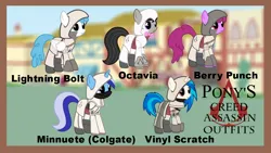 Size: 1280x720 | Tagged: safe, derpibooru import, berry punch, berryshine, lightning bolt, minuette, octavia melody, vinyl scratch, white lightning, ponified, earth pony, pegasus, pony, unicorn, 2013, artifact, assassin's creed, clothes, crossover, downloadable content, female, image, jpeg, link in description, mare, old art, outfit, parody, pony's creed sisterhoof, wallpaper