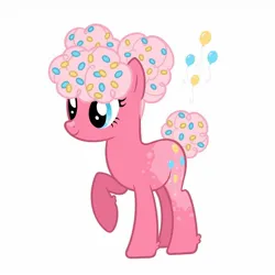 Size: 1280x1280 | Tagged: safe, artist:dreamscreep, derpibooru import, pinkie pie, earth pony, friendship is magic, all fours, balloon, bangs, blue eyes, curly hair, curly mane, curly tail, cutie mark, food, g4, image, jpeg, pigtails, pink mane, pink tail, redesign, short tail, smiling, solo, sprinkles, tail