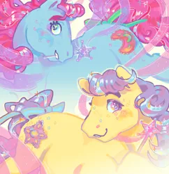 Size: 2048x2116 | Tagged: safe, artist:poniesart, derpibooru import, princess royal blue, princess starburst, earth pony, pony, g1, duo, image, jpeg, wand