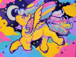 Size: 1280x966 | Tagged: safe, artist:poniesart, derpibooru import, ringlet (g1 rainbow curl), pegasus, pony, g1, cloud, cloudy, crescent moon, flying, image, jpeg, moon, painting, rainbow curl pony, solo, traditional art