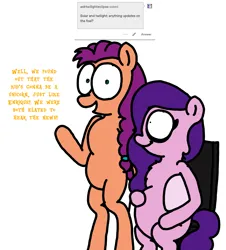 Size: 3023x3351 | Tagged: safe, artist:professorventurer, derpibooru import, pipp petals, sunny starscout, earth pony, pegasus, pony, series:ask pippamena, g5, bipedal, braid, braided ponytail, chair, chest fluff, dialogue, duo, duo female, female, folded wings, hair tie, image, lesbian, looking at someone, looking at you, mare, pippamena, png, ponytail, pregnant, primrose petals, raised hoof, shipping, simple background, sitting, smiling, smiling at you, sunnypipp, white background, wings