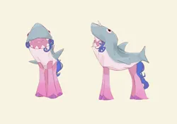 Size: 2000x1400 | Tagged: safe, artist:pascal571, derpibooru import, izzy moonbow, pony, unicorn, g5, animal costume, clothes, costume, covered eyes, female, image, kimiko glenn, mare, png, shark costume, silly, simple background, smiling, solo, voice actor joke, yellow background